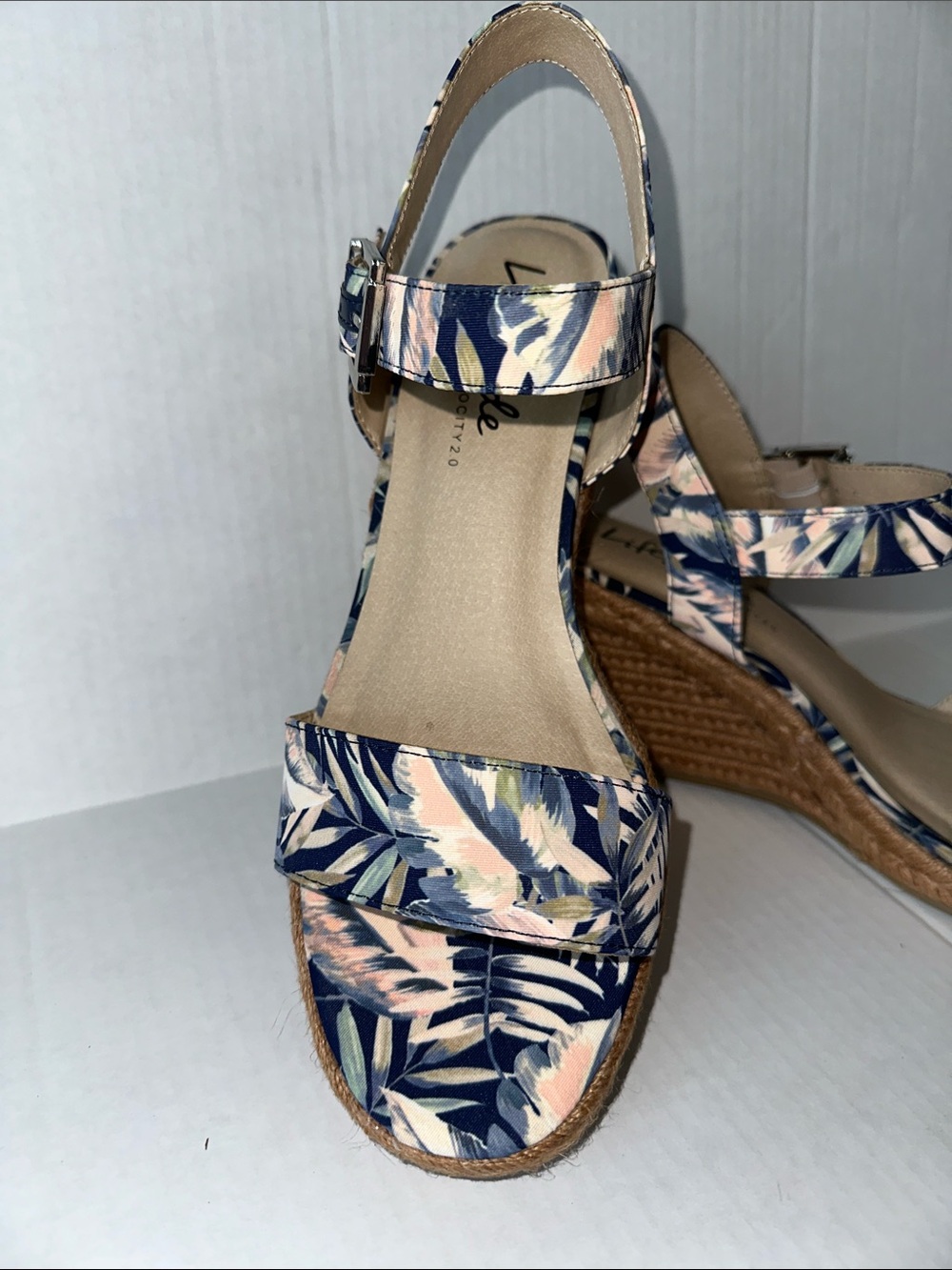 Life Stride Navy and Pink Floral Wedge Sandals